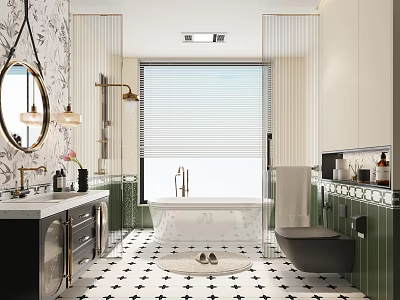 Stylish Bathroom Interior With Black And White Patterned Wallpaper Round Mirror And Green Cabinets 3d model