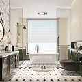 Stylish Bathroom Interior With Black And White Patterned Wallpaper Round Mirror And Green Cabinets