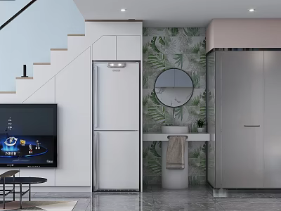 Modern Apartment Interior With Stairs TV Fridge Vanity And Tropical Tiles 3d model