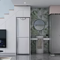 Modern Apartment Interior With Stairs TV Fridge Vanity And Tropical Tiles