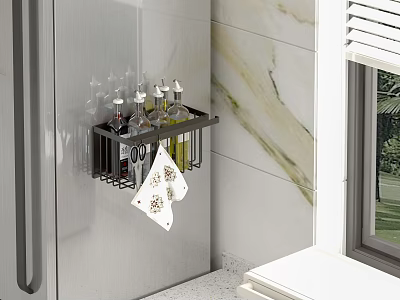 Wall Mounted Kitchen Rack With Spice Bottles Scissors And Towel On White Tiled Wall 3d model