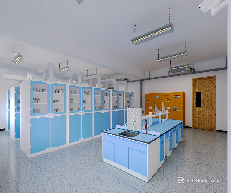 Laboratory Interior With Blue White Cabinets Lab Benches Orange Storage Lockers And Ventilation Equipment 3d model 