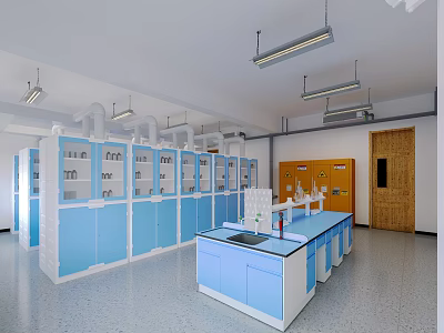 Laboratory Interior With Blue White Cabinets Lab Benches Orange Storage Lockers And Ventilation Equipment 3d model