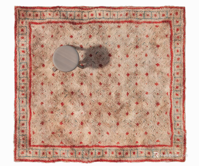 Beige Square Carpet with Small Red Patterns Red Blue Border and Round Stool 3d model