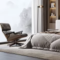 Modern Bedroom Interior With Textured Stone Wall Large Bed Mountain View Window And Leather Armchair