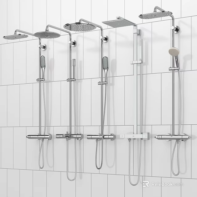 Modern Shower Systems with Overhead and Handheld Sprayers on White Tile Wall 3d model