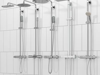 Modern Shower Systems with Overhead and Handheld Sprayers on White Tile Wall 3d model