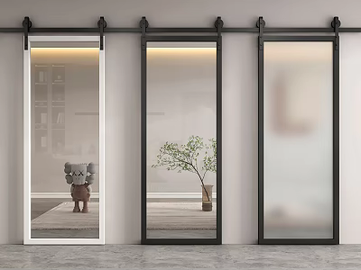 Modern Glass Barn Doors With Black Sliding Track For Interior Design 3d model