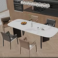 Oval White Marble Dining Table Set with Neutral Chairs Fruit Bowl Plant Vase Magazine