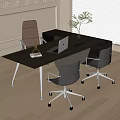 Modern Office Desk Setup With Black Top Silver Legs Laptop Vase And Ergonomic Chairs