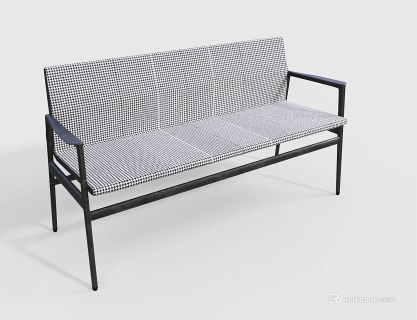 Modern Leisure Bench With Black Metal Frame And Black White Checkered Fabric Seat Backrest 3d model 