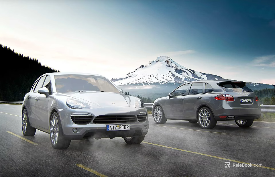 Silver SUV Cars Parked On Road With Snowy Mountain Scenic View 3d model 