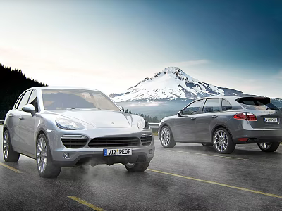 Silver SUV Cars Parked On Road With Snowy Mountain Scenic View 3d model