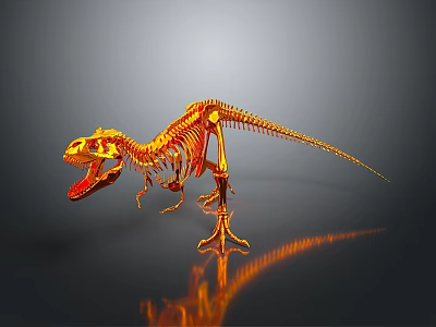 Golden Dinosaur Skeleton on Reflective Surface with Detailed Structure 3d model