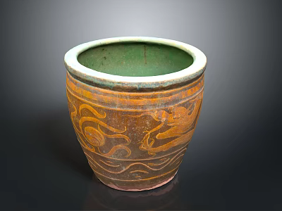 Traditional Brown Clay Pot With Green Inner Wall Dragon And Wave Patterns For Home Decor 3d model