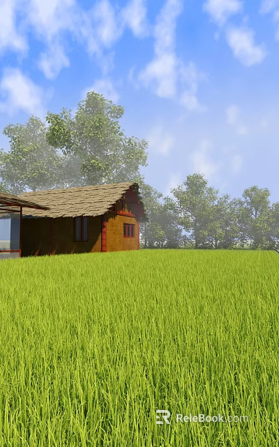 Tranquil Rural Landscape With Green Rice Field Thatched Roof Cottage And Trees Under Blue Sky 3d model 