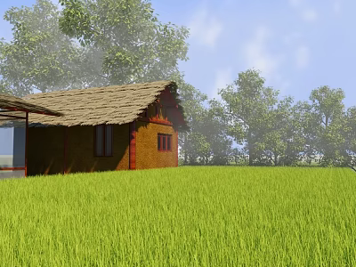 Tranquil Rural Landscape With Green Rice Field Thatched Roof Cottage And Trees Under Blue Sky 3d model