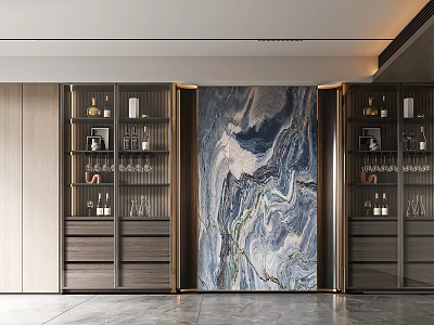 Modern Home Wine Cabinet With Glass Doors Wooden Frame Marble Backdrop And Wine Bottles 3d model