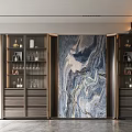 Modern Home Wine Cabinet With Glass Doors Wooden Frame Marble Backdrop And Wine Bottles