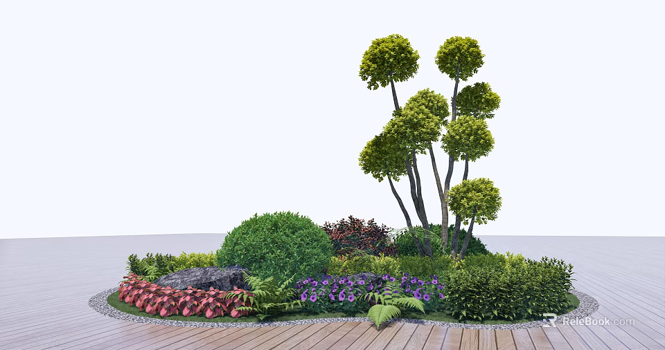 Lush Garden Shrubs With Colorful Flowers Trees And Wooden Deck Landscaping 3d model 