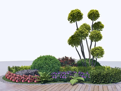 Lush Garden Shrubs With Colorful Flowers Trees And Wooden Deck Landscaping 3d model