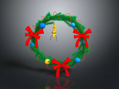 Festive Green Evergreen Foliage Christmas Wreath With Red Bows And Colorful Balls 3d model