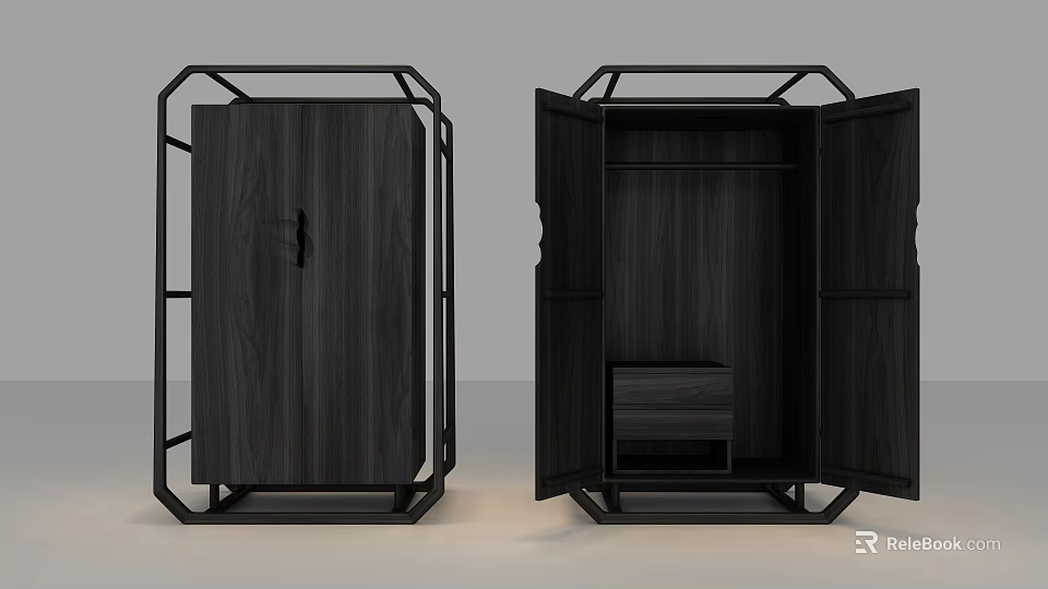 Modern Black Wooden Wardrobe With Geometric Frame Open Door And Internal Drawer 3d model 