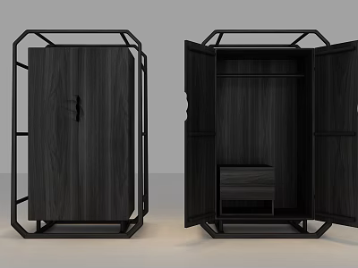 Modern Black Wooden Wardrobe With Geometric Frame Open Door And Internal Drawer 3d model