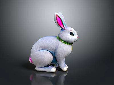 Cute White Rabbit Plush Toy With Pink Ears Green Collar Sitting On Black Reflective Background 3d model