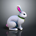 Cute White Rabbit Plush Toy With Pink Ears Green Collar Sitting On Black Reflective Background
