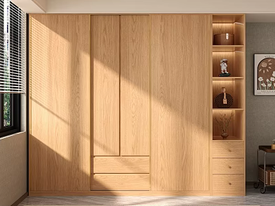 Modern Wooden Wardrobe Interior Design With Sliding Doors Open Shelves And Drawers In Bright Room 3d model