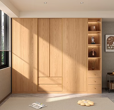 Modern Wooden Wardrobe Interior Design With Sliding Doors Open Shelves And Drawers In Bright Room 3d model