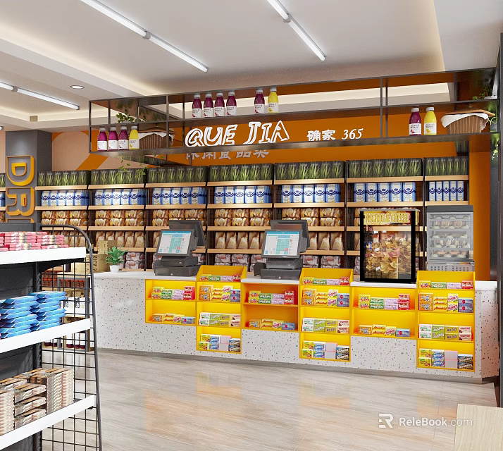 Modern Supermarket Grocery Store With Shelves Displaying Various Products And Cash Registers 3d model 