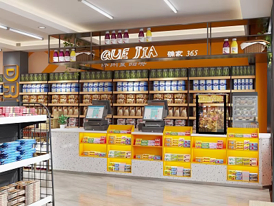 Modern Supermarket Grocery Store With Shelves Displaying Various Products And Cash Registers 3d model