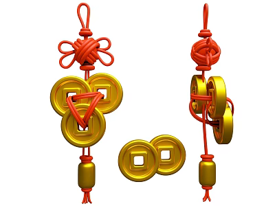 Red Chinese Knot Decorations With Gold Coins And Hanging Ornaments For Festive Use 3d model
