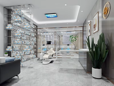 Modern Dental Clinic Interior With Glass Display Shelves Dental Chair And Green Plant 3d model