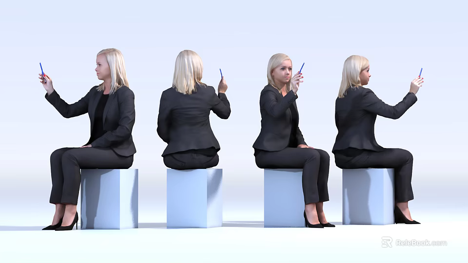 Professional Woman In Black Suit Sitting On White Cube Holding Blue Pen From Different Angles 3d model 