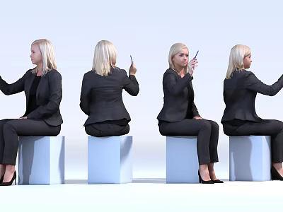 Professional Woman In Black Suit Sitting On White Cube Holding Blue Pen From Different Angles 3d model