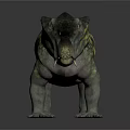 Prehistoric Reptile 3D Model With Green Yellow Stripes Stocky Body Short Legs And Large Head