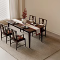 Traditional Dining Table And Chairs Set With Flower Vase Tableware Window Blinds And Rug 3d model