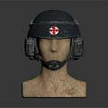 Metallic Helmet With Red Cross Emblem And Decorative Stripes On Wooden Mannequin Head