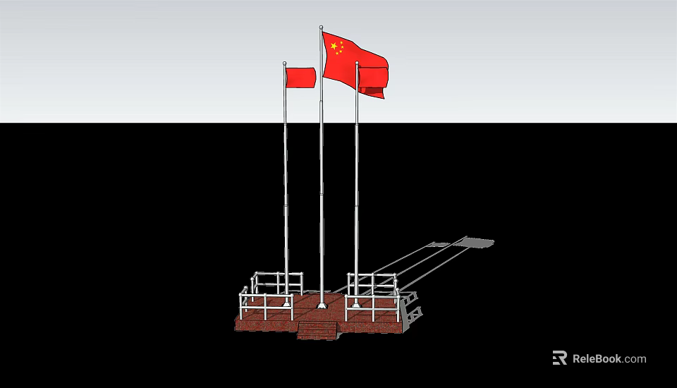 Chinese National Flag Flying Gracefully On Tall Flagpoles With Solid Base Structure 3d model 