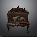 Antique Wooden Display Cabinet With Ornate Carvings And Animal Skull Inside