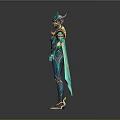 Mythical Warrior Character With Horned Helmet And Green Gold Creature Inspired Armor Design