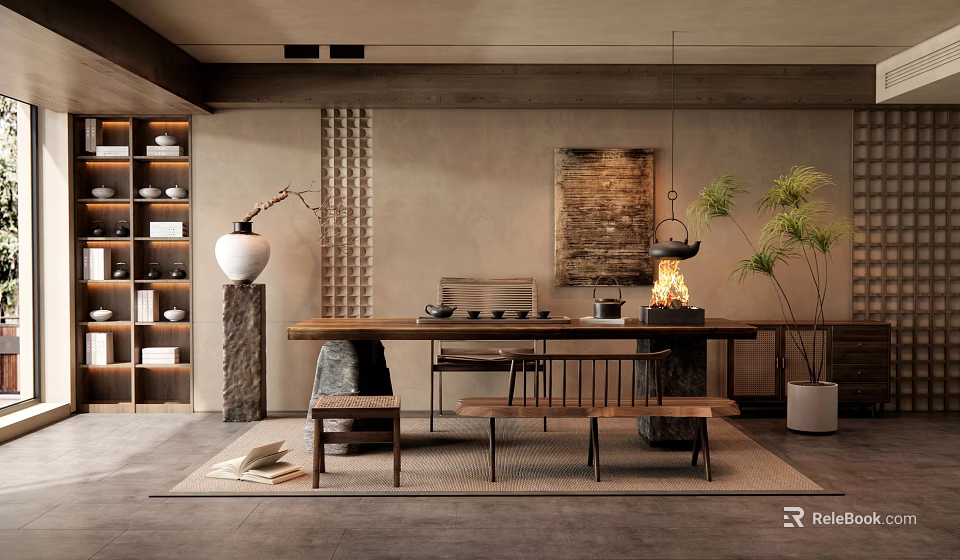 Traditional Tea Room Interior With Wooden Table Tea Sets Stone Fireplace And Green Plants 3d model 