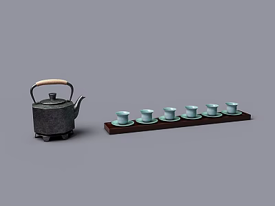 Elegant Tea Set With Iron Teapot Light Green Teacups And Wooden Tray 3d model
