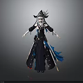 A Woman In Elegant Traditional Black Robe With Blue Ribbons And Decorative Headpiece