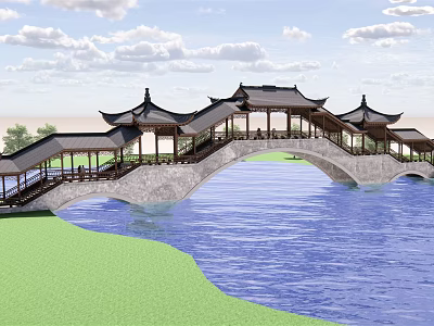 Traditional Chinese Bridge With Pavilions Spanning Water Green Grass And Blue Sky 3d model