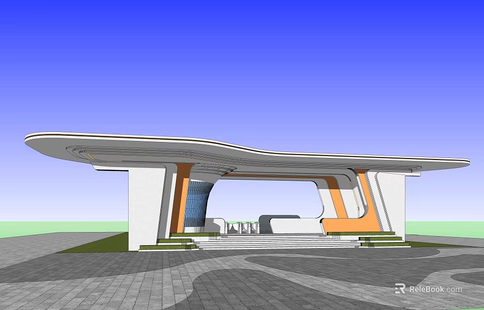 Modern Entrance Gate with Unique Curved Roof White Orange Architectural Elements and Glass Accents 3d model 