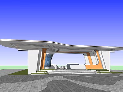 Modern Entrance Gate with Unique Curved Roof White Orange Architectural Elements and Glass Accents 3d model